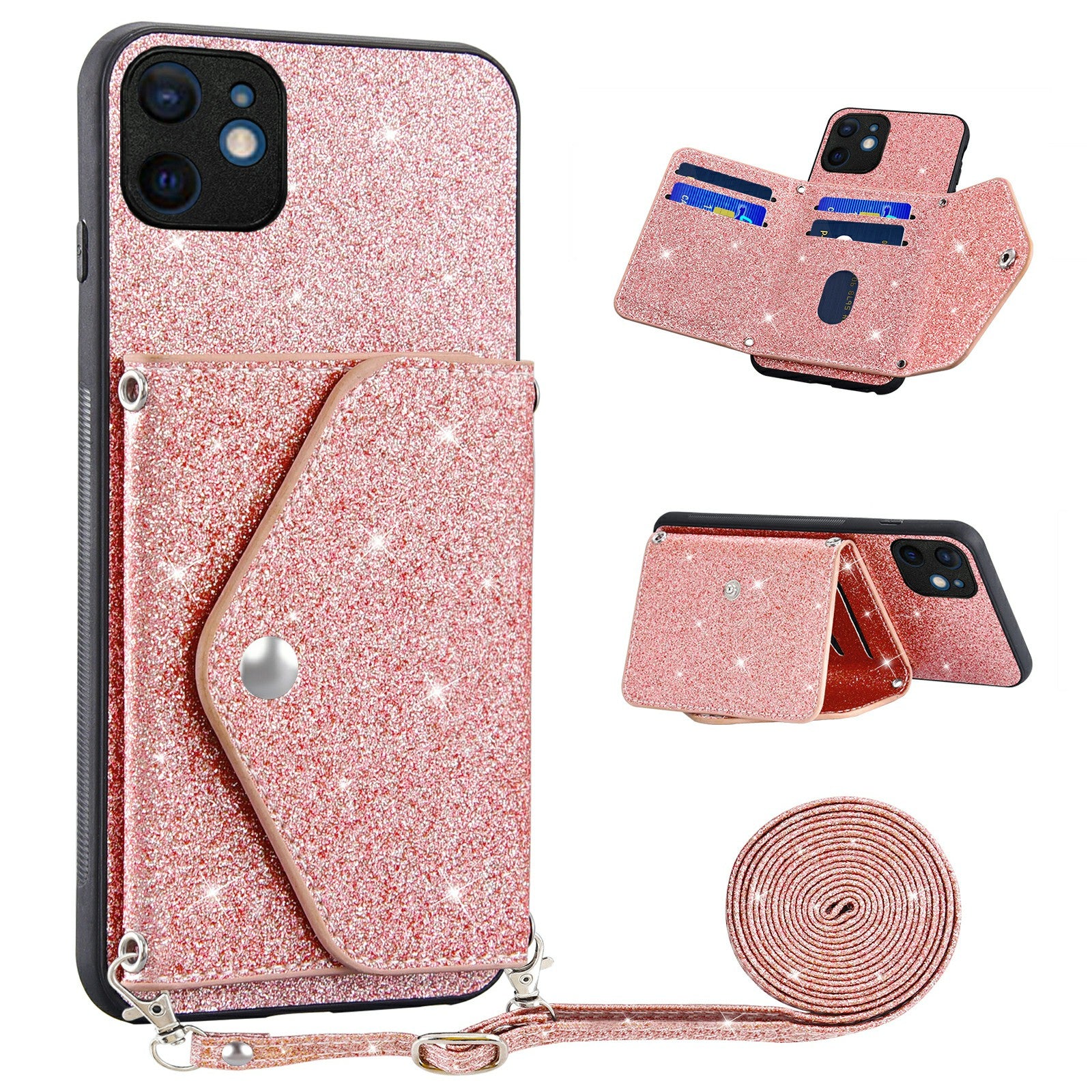 For iPhone 12 mini 5.4 inch Shoulder Strap Phone Case Kickstand Card Holder Cover with Glittery Powder Decor For iPhone 12 mini 5.4 inch Shoulder Strap Phone Case Kickstand Card Holder Cover with Glittery Powder Decor
